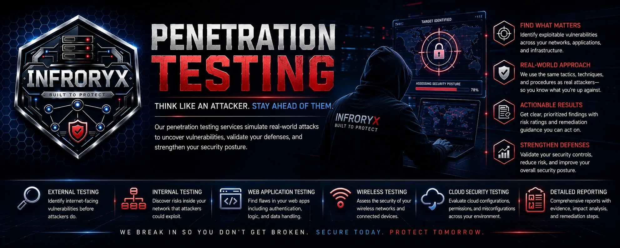 Infroryx Penetration Testing — Think like an attacker. Stay ahead of them. Our penetration testing services simulate real-world attacks to uncover vulnerabilities, validate your defenses, and strengthen your security posture: real-world tactics and techniques, actionable prioritized findings, external and internal testing, web application testing, wireless testing, cloud security testing, and detailed reporting with evidence and remediation steps. We break in so you don’t get broken. Secure today. Protect tomorrow.